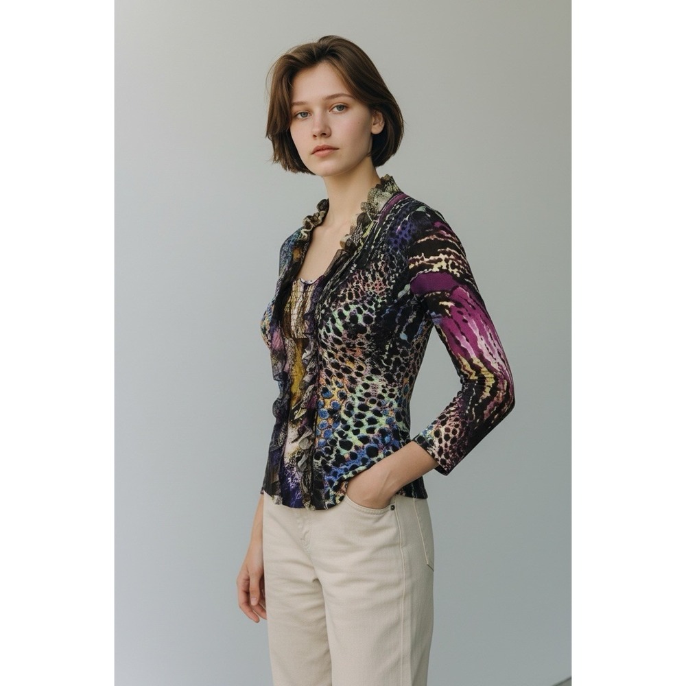 Women's Alberto Makali Multicolor Animal Print Ruffle Sequin Tunic Blouse L